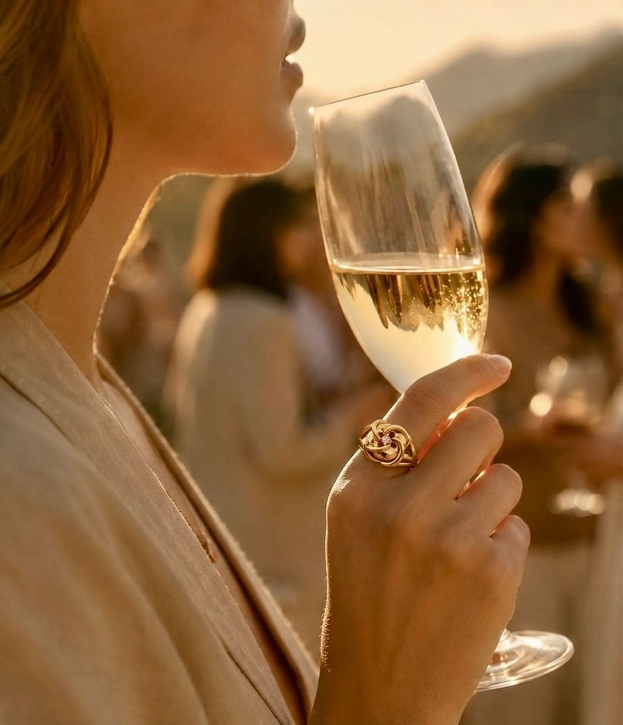 Mujer con el Anillo Peyote de MIJA al atardecer